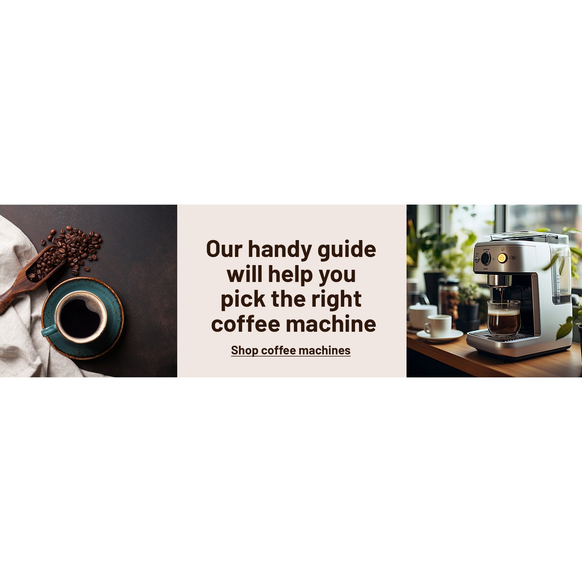 Coffee beans next to a cup of coffee and a coffee machine dispensing coffee.