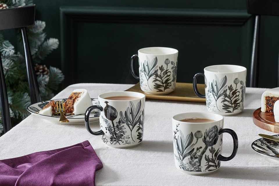 Habitat Monochrome Set of 4 Fine China Mugs in grey and white. 