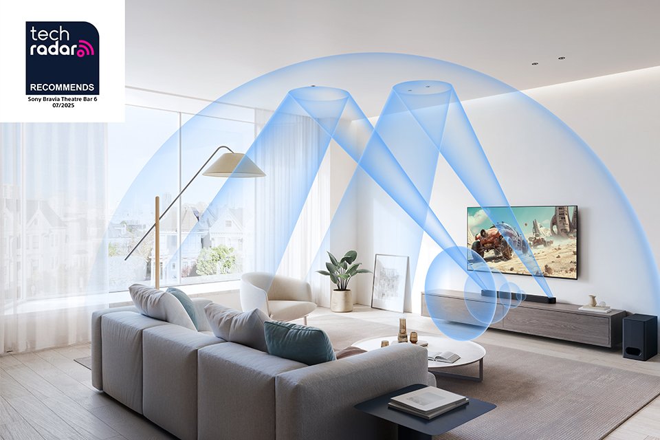A blue graphic showing Sony Bravia Theatre Bar 6 spreading sound across the living room.