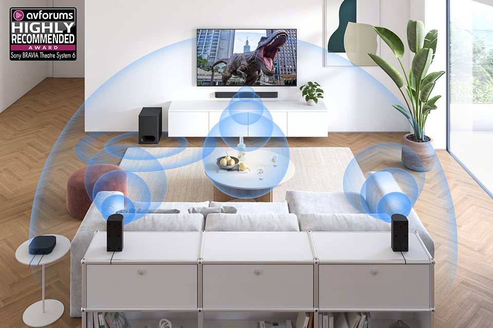 Blue graphic showing Dolby's surround system technology in a living room.