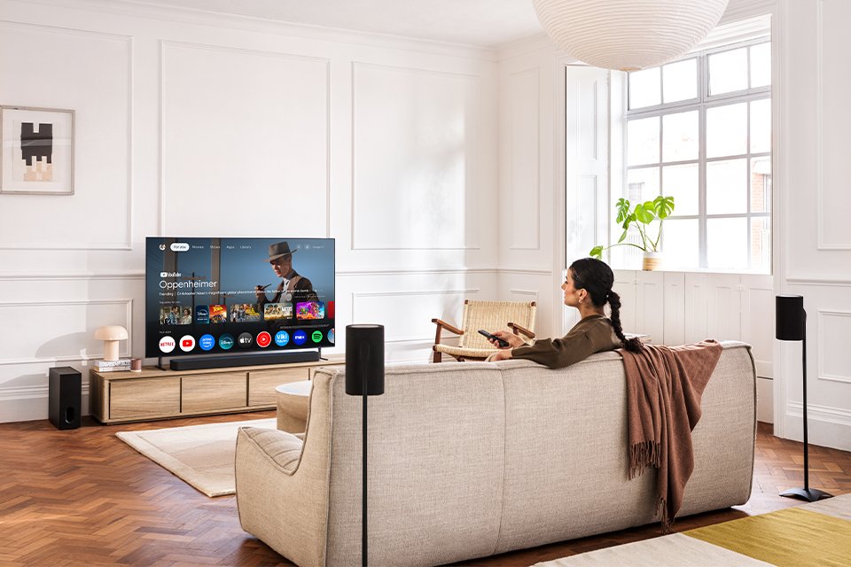Two Sony speakers behind the couch and next to TV.