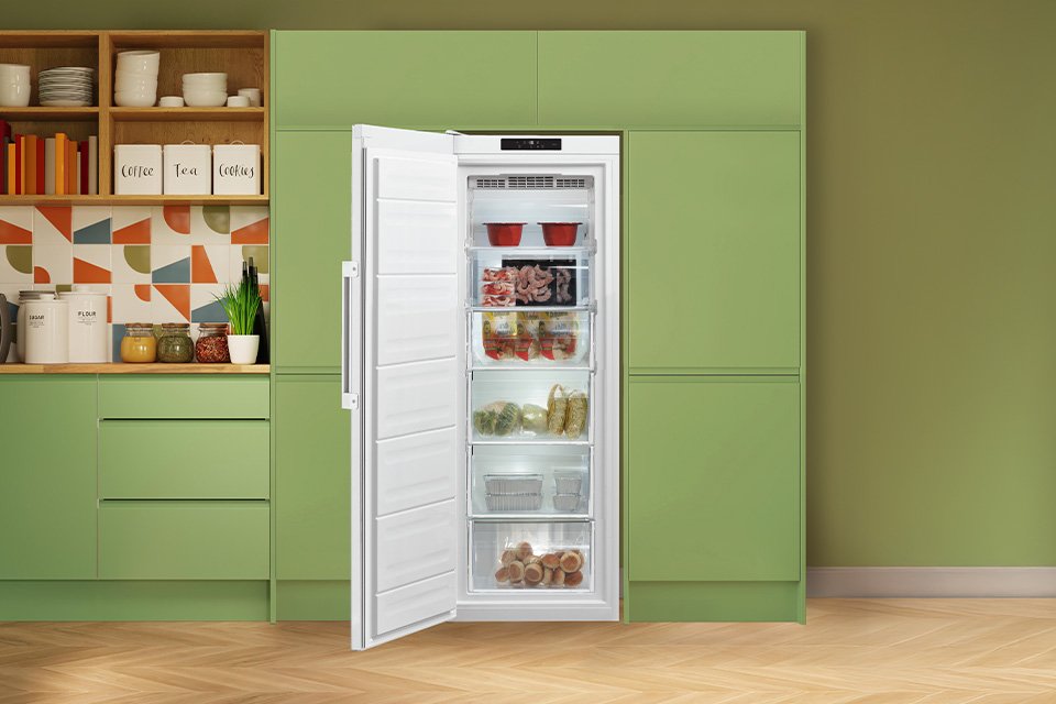 A Hotpoint white freezer seamlessly built into modern green kitchen cabinets.