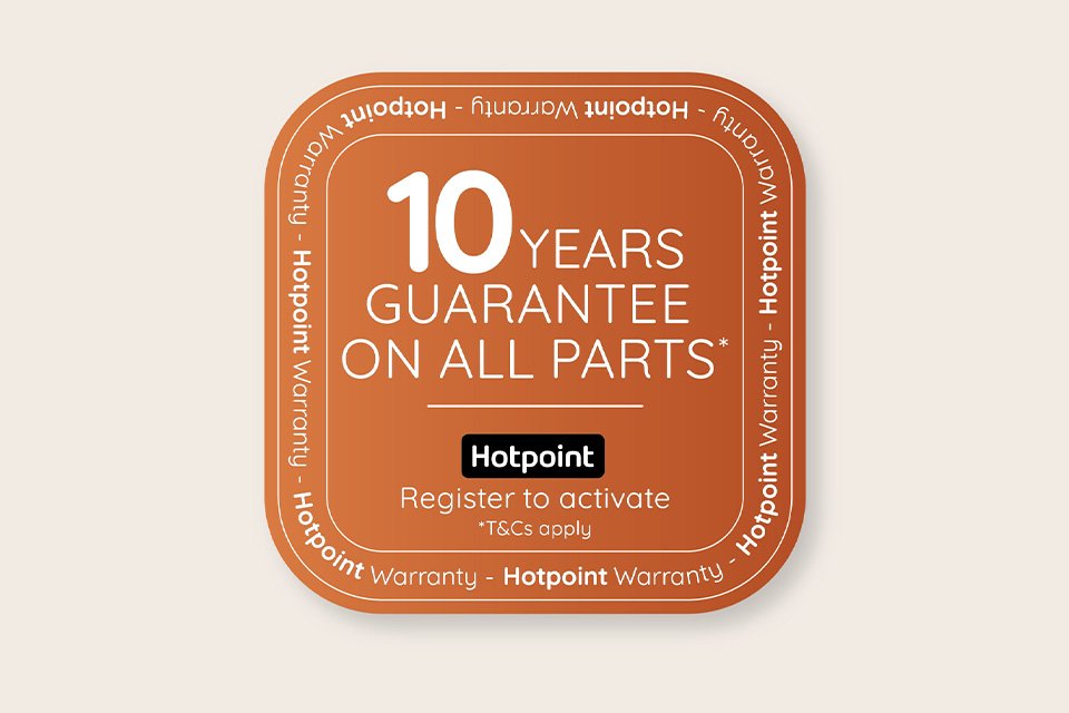Logo of Hotpoint 10 year gaurantee on all parts.