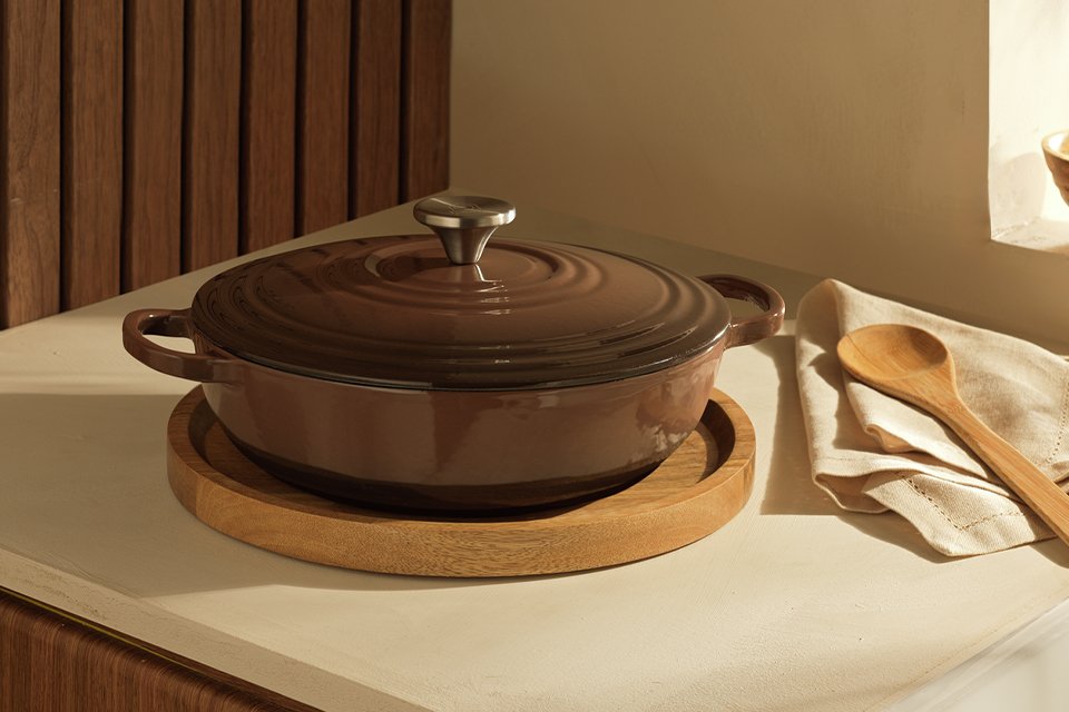 Habitat 4 Litre Shallow Cast Iron Casserole Dish in chocolate colour.