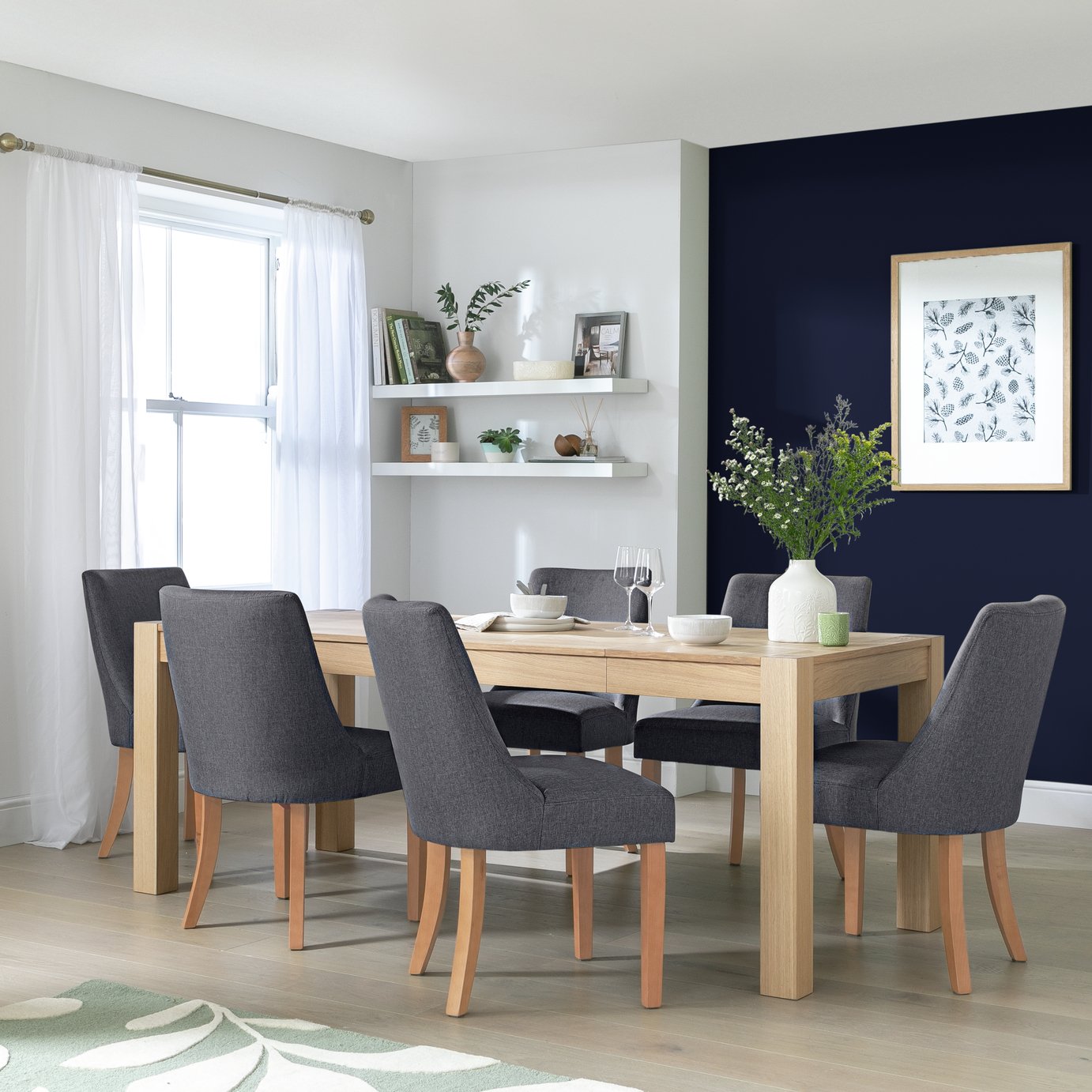 Habitat Alston Ext Natural Dining Table & 6 Charcoal Chairs