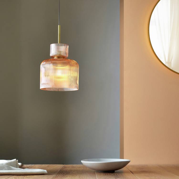 Shore Light Rika Ribbed Glass Pendant Light - Pink & Gold 0