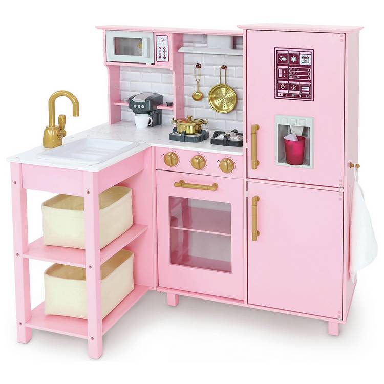 Chad Valley Wooden Toy Kitchen with Breakfast Bar - Pink 0