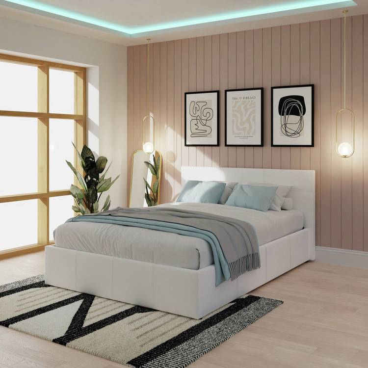 GFW End Lift Double Faux Leather Ottoman Bed - White 0