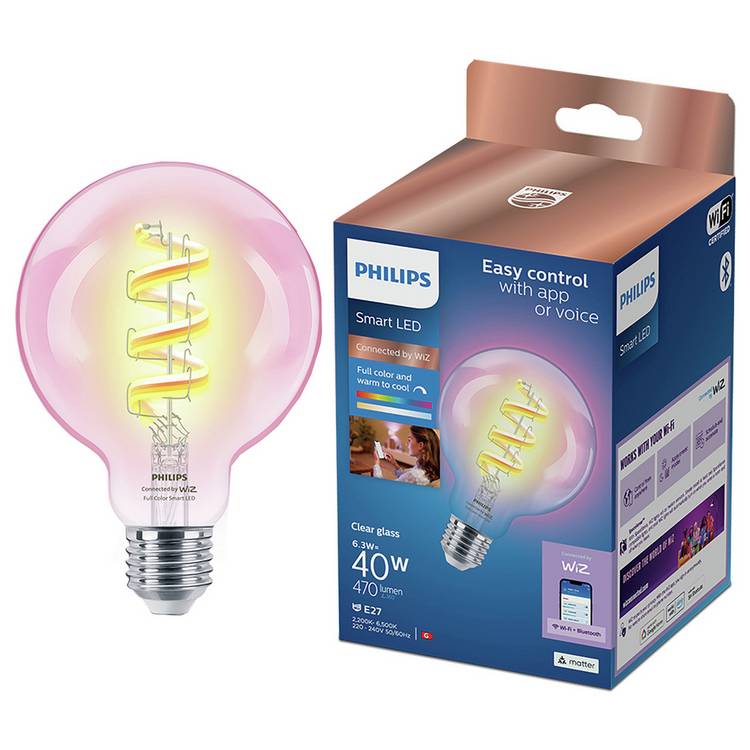 Philips WiZ G95 E27 Colour Clear Filament Smart Light Bulb 0