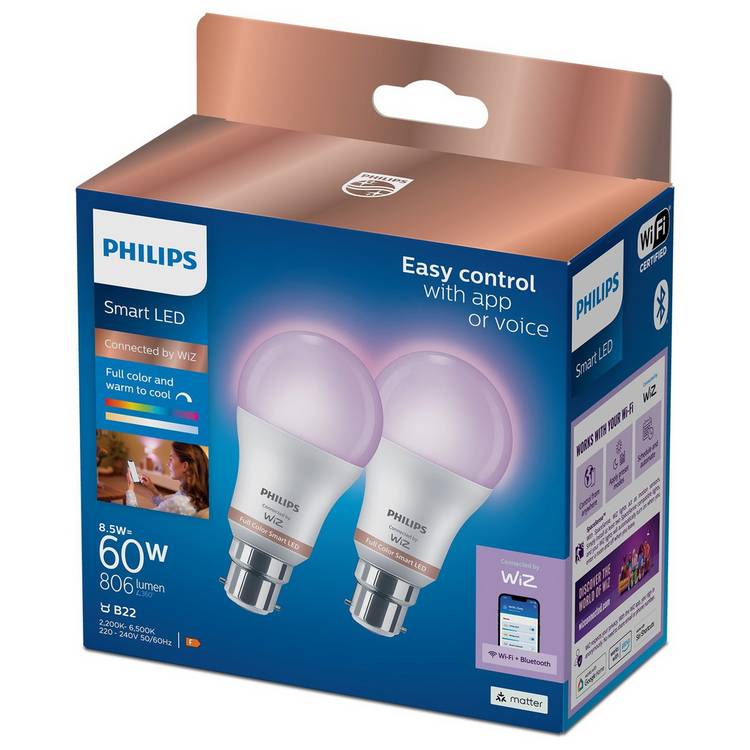 Philips WiZ A60 B22 Colour Smart Light Bulb 2-pack 0