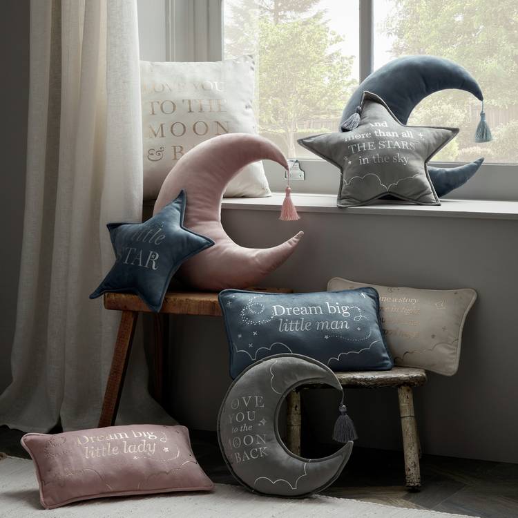 Bambino Moon & Star Velvet Cushion - Grey - 43x36cm 0