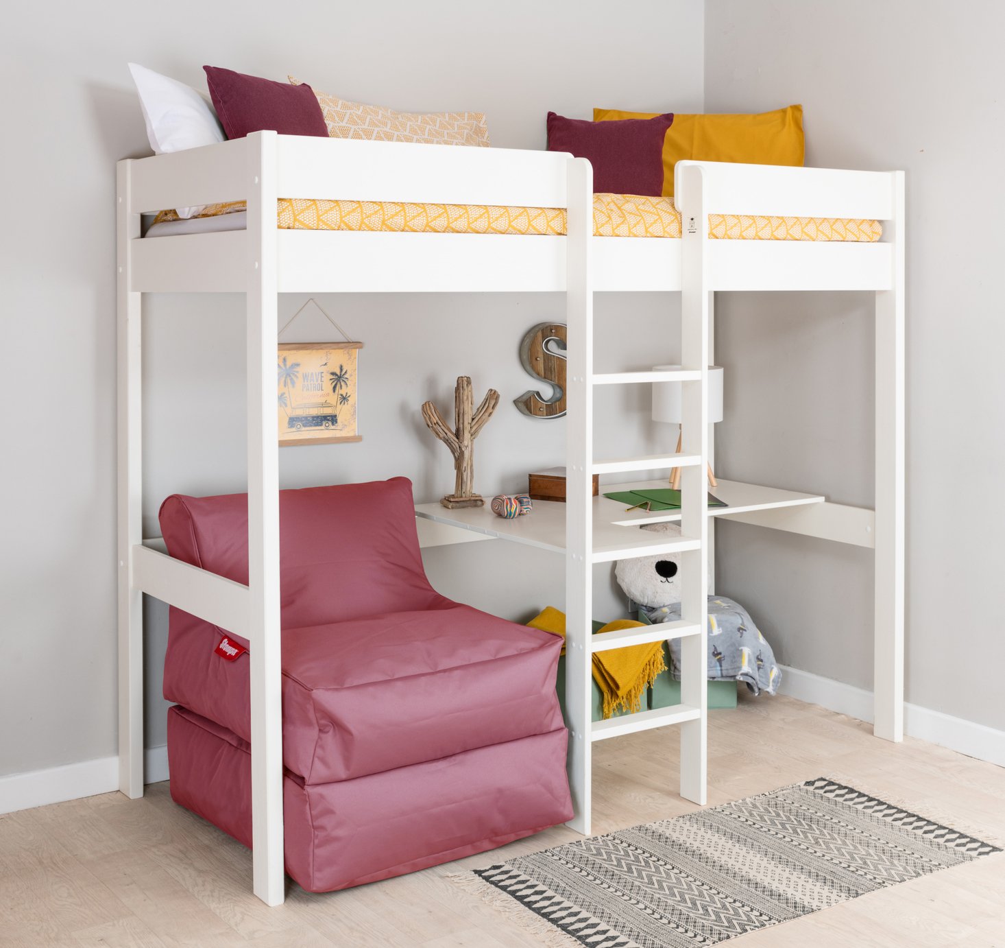 Stompa White High Sleeper Bed, Desk, Pink Chairbed& Mattress