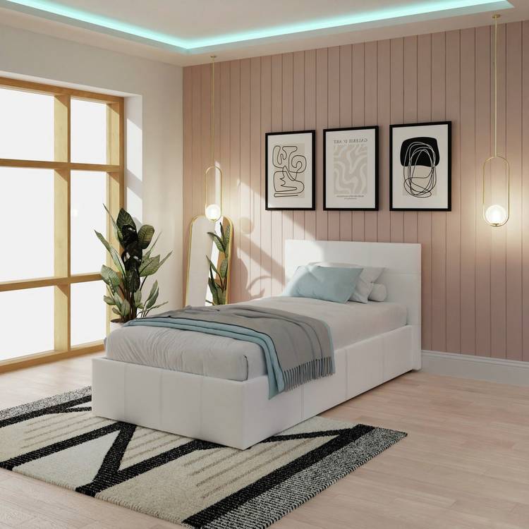 GFW End Lift Single Faux Leather Ottoman Bed - White 0