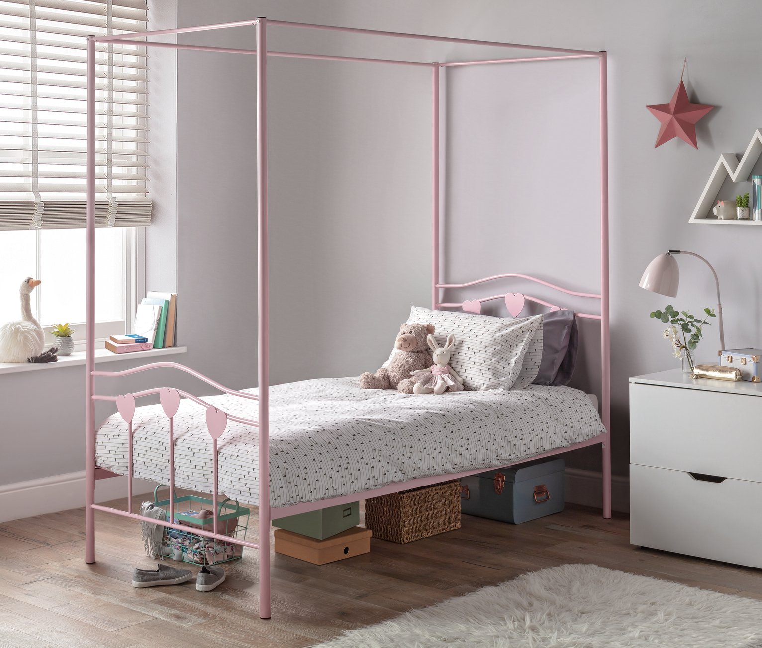 Argos Home Hearts Single 4 Poster Metal Bed Frame - Pink