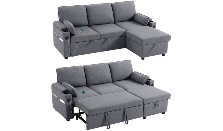 HOMCOM 3 Seater Sofa Bed with USB Ports and Cup Holder - Grey