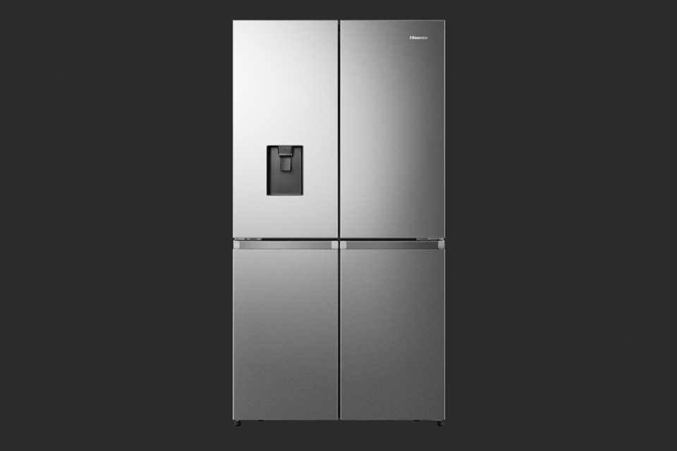 A stainless steel Hisense multi-door fridge freezer with water dispenser.
