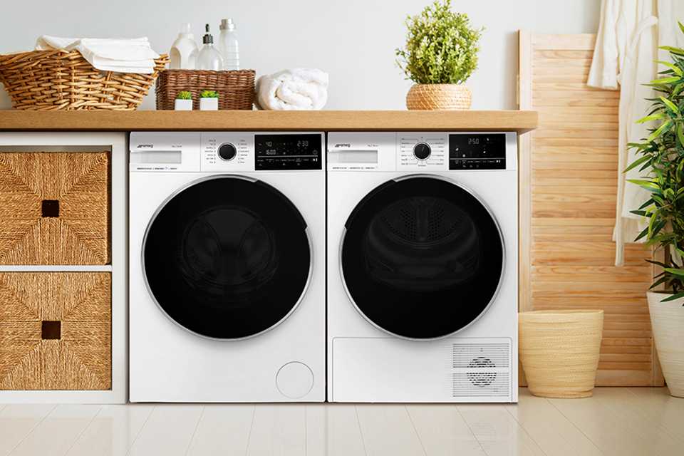 Two Smeg laundry machines in white and black combination.