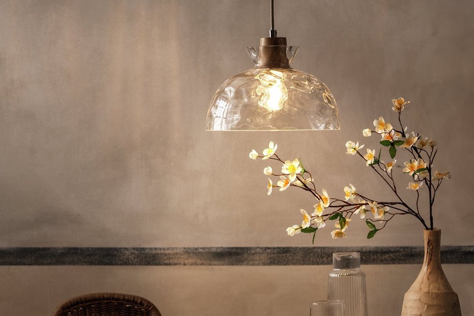 Habitat Vanern Dimple Glass & Wood Pendant Light.