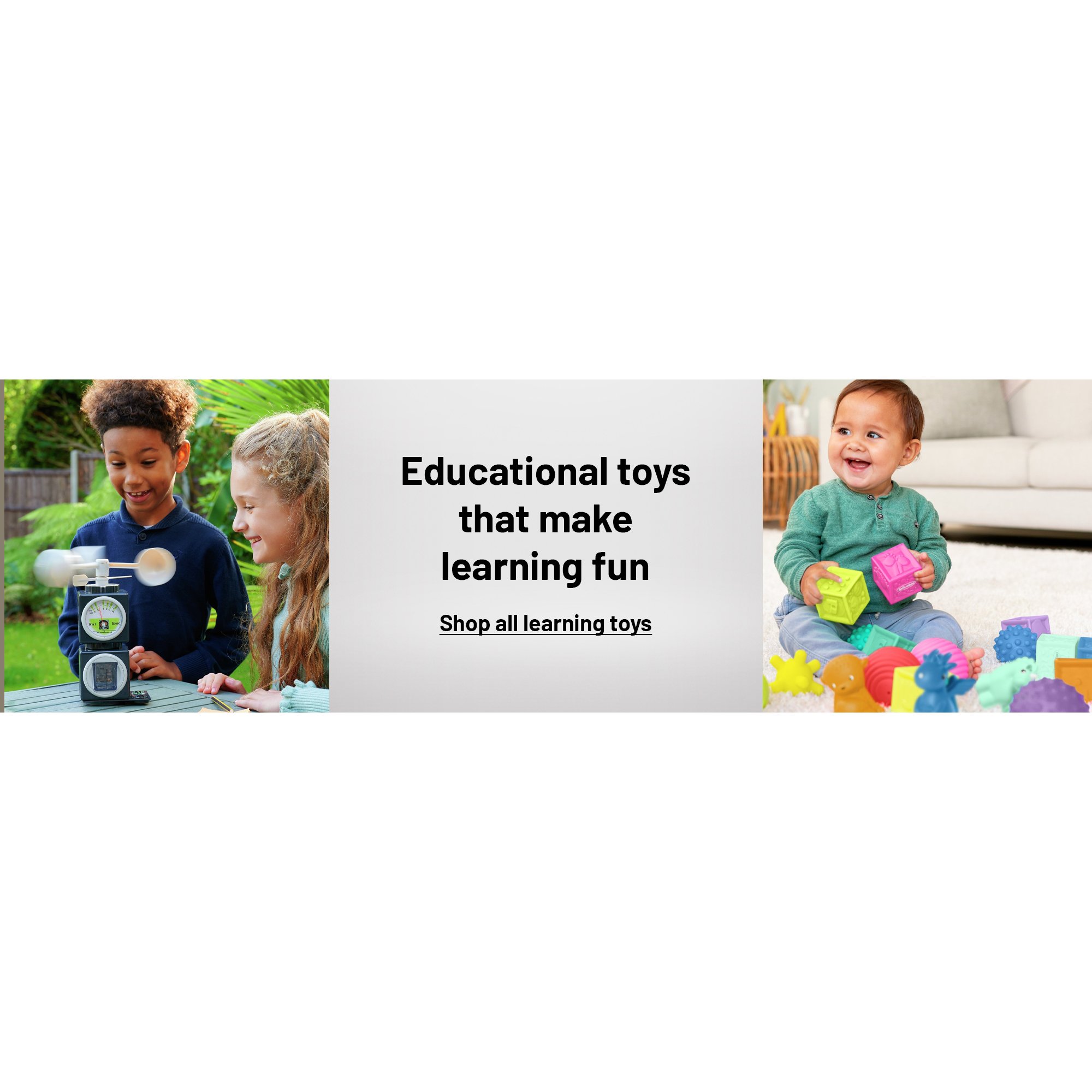 An infant playing with sensory toys and two children experimenting with a science kit in the garden.