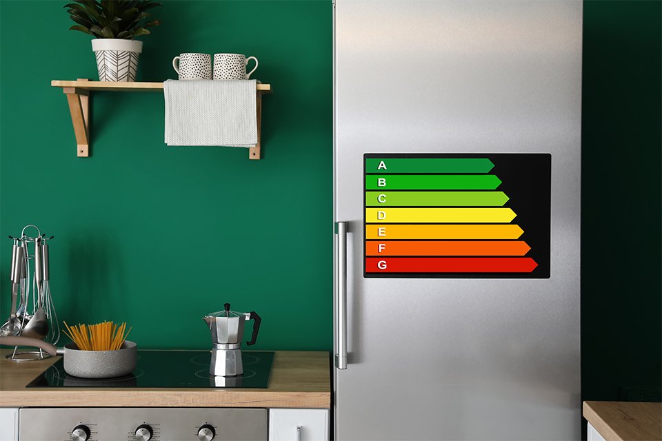 A fridge freezer with energy rating chart on it.