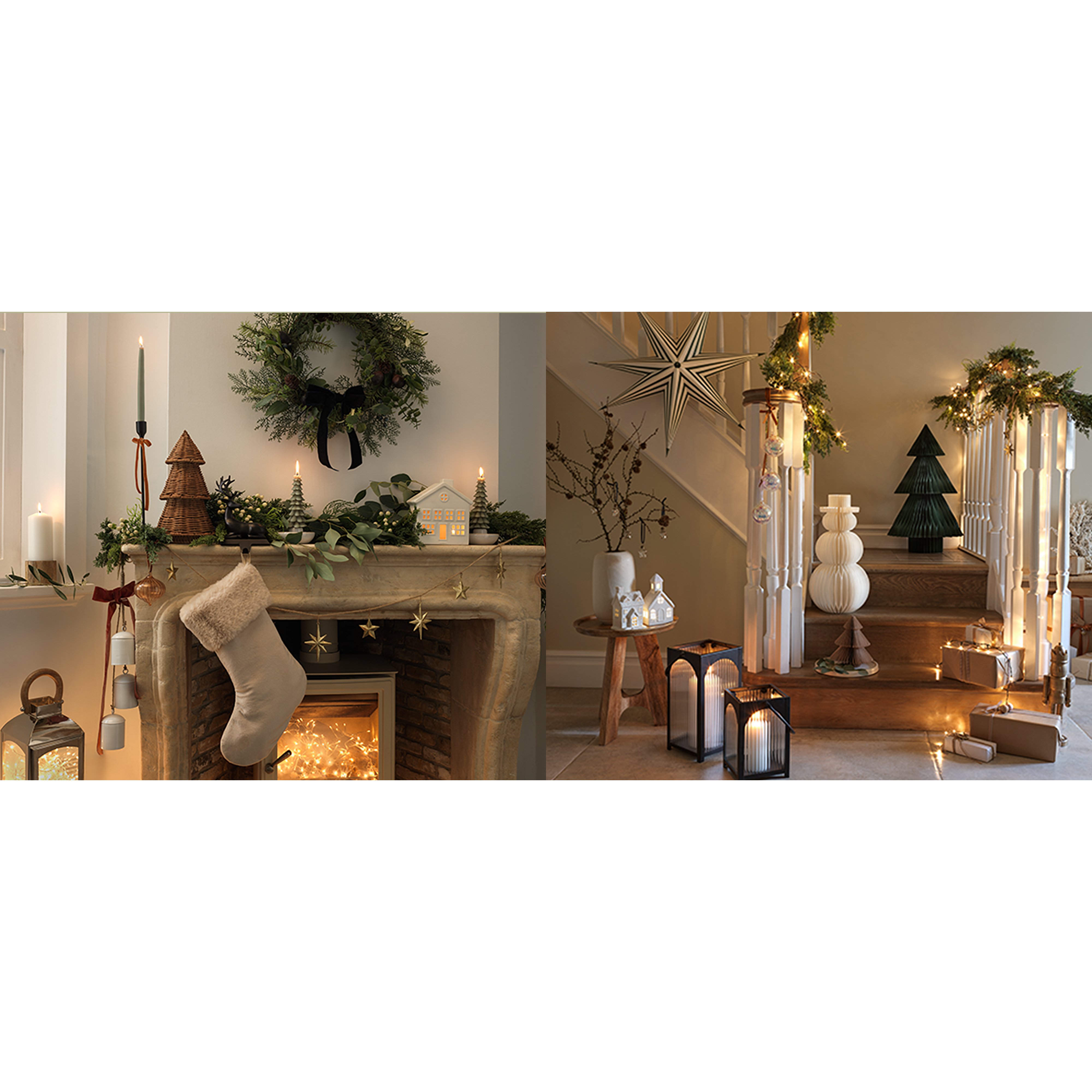 Collage of Christmas images the first shows a mantle place with white stocking and gold and green accessories and the second a stairwell with a christmas garland down the bannister and paper decorations on the wooden strairs.