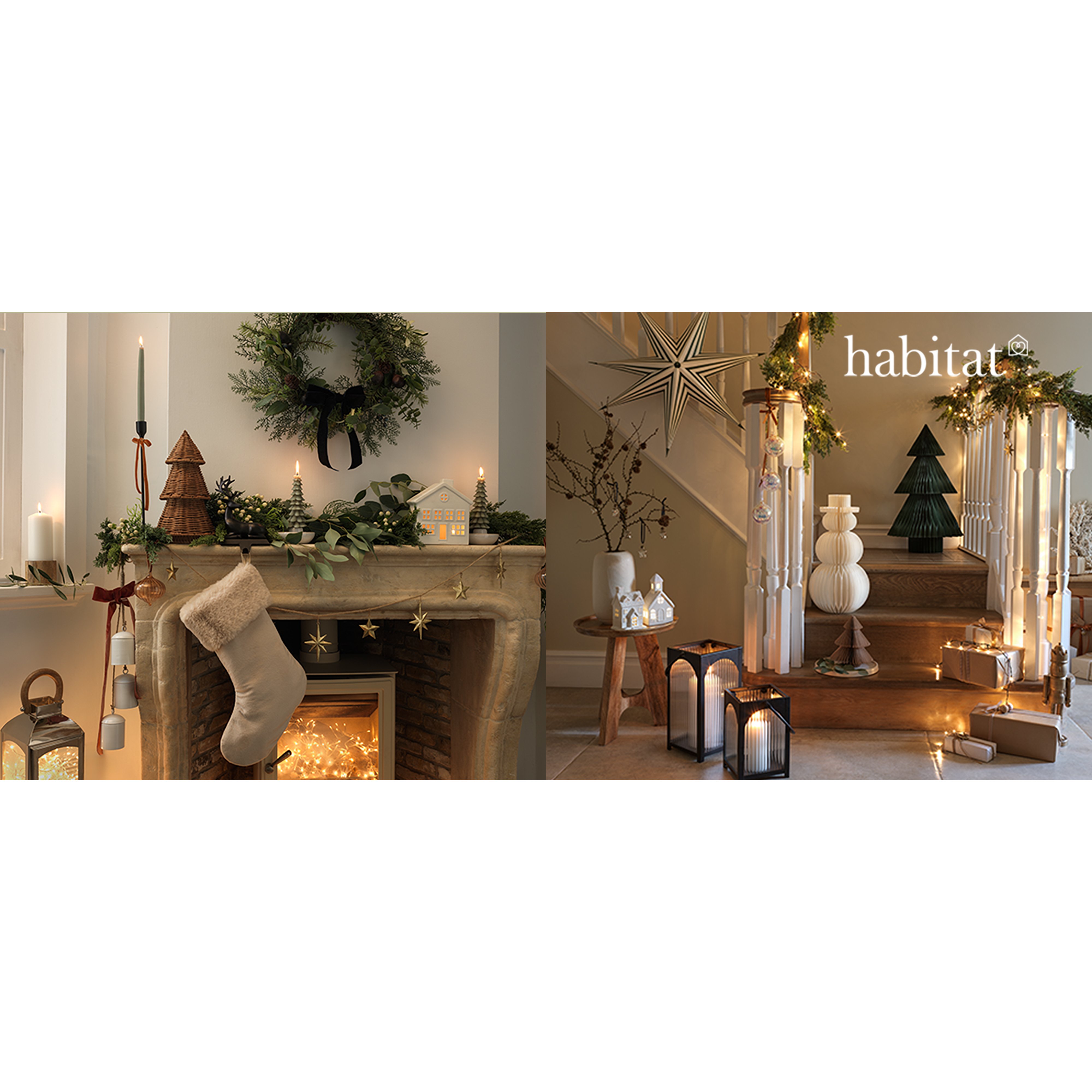 Collage of Christmas images the first shows a mantle place with white stocking and gold and green accessories and the second a stairwell with a christmas garland down the bannister and paper decorations on the wooden strairs.