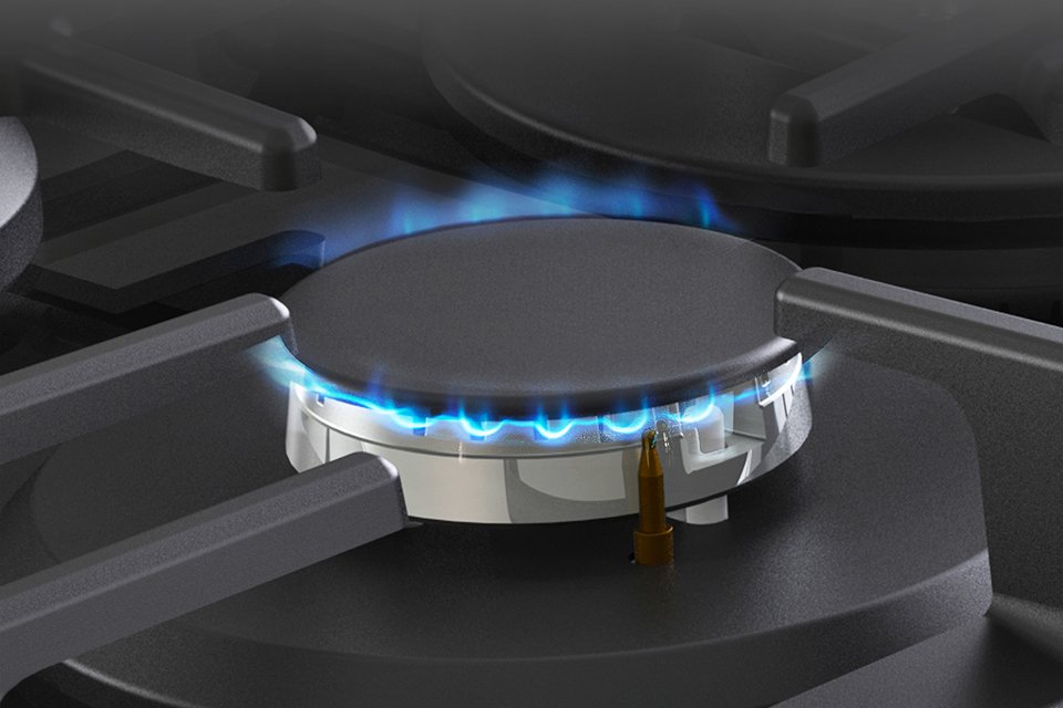 A burning flame on Hisense GG643B Glass Gas Hob - Black.