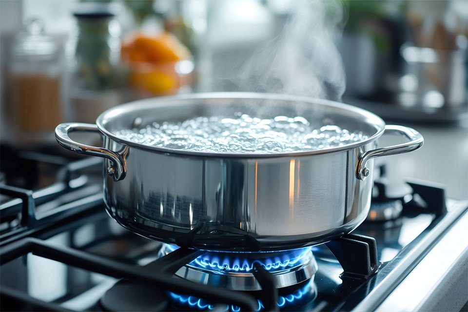 A boiling pot of water over a gas.
