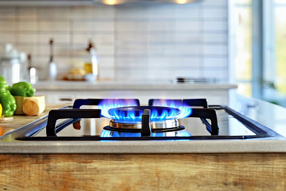 A burning flame on a gas hob.