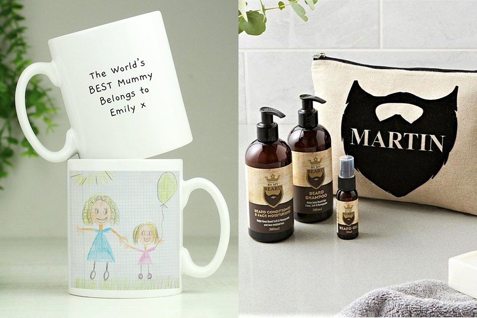 A split image of Personalised Message Childrens Drawing Photo Mugs and a Personalised Message Name Only Beard Kit.