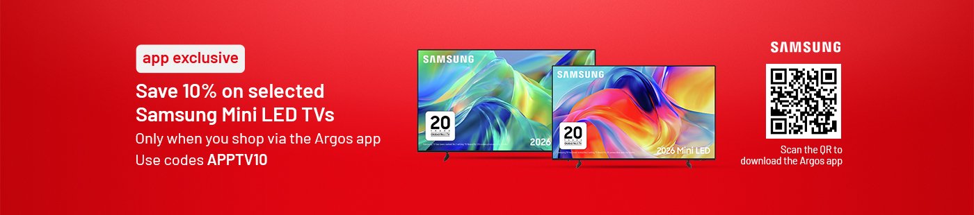 app exclusive | Save 10% on selected Samsung Mini LED TVs | Only when you shop via the Argos app | Use code APPTV10 | Don't miss out on this app exclusive offer.
