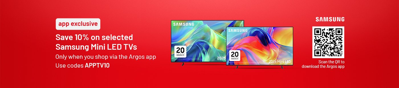 app exclusive | Save 10% on selected Samsung Mini LED TVs | Only when you shop via the Argos app | Use code APPTV10 | Don't miss out on this app exclusive offer.