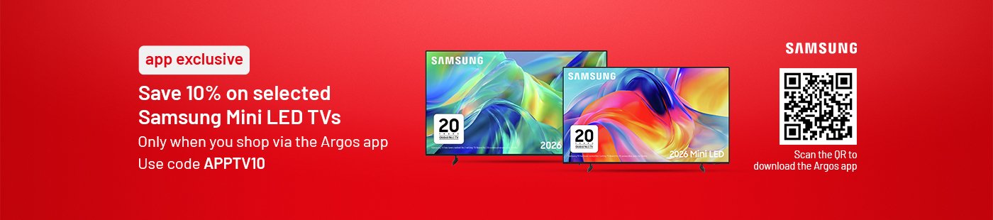 app exclusive | Save 10% on selected Samsung Mini LED TVs | Only when you shop via the Argos app | Use code APPTV10 | Don't miss out on this app exclusive offer.