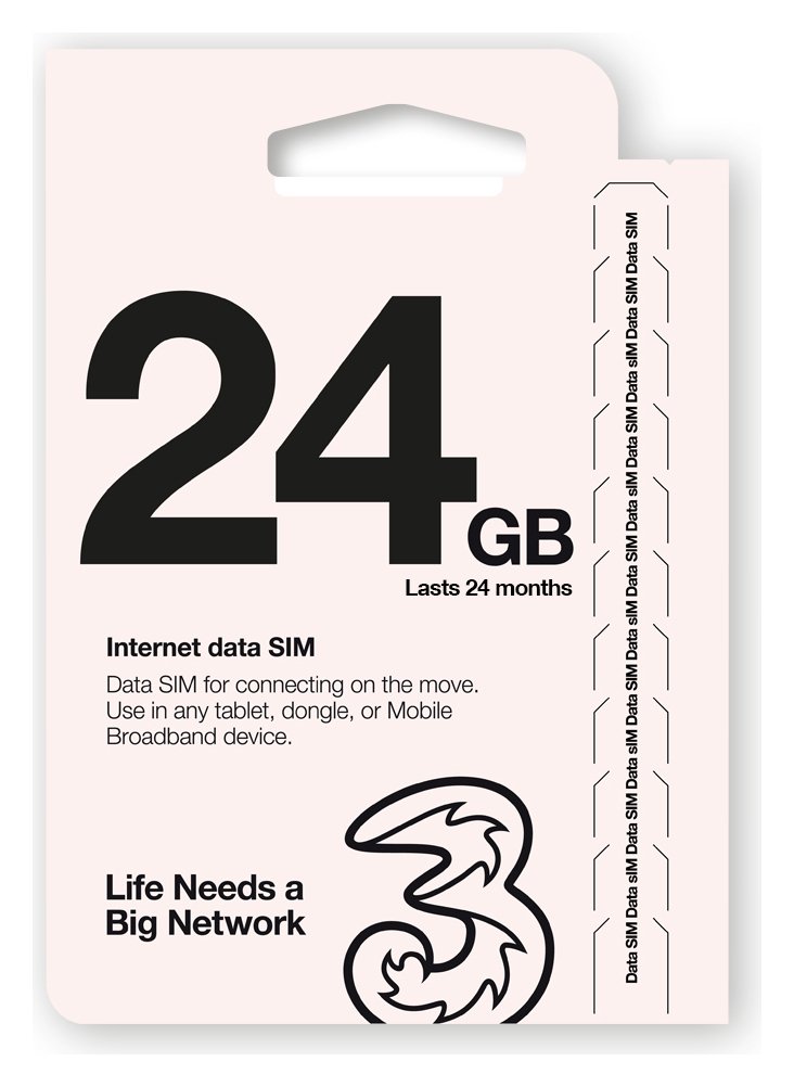 Three 24GB Pay As you Go Data SIM Card 