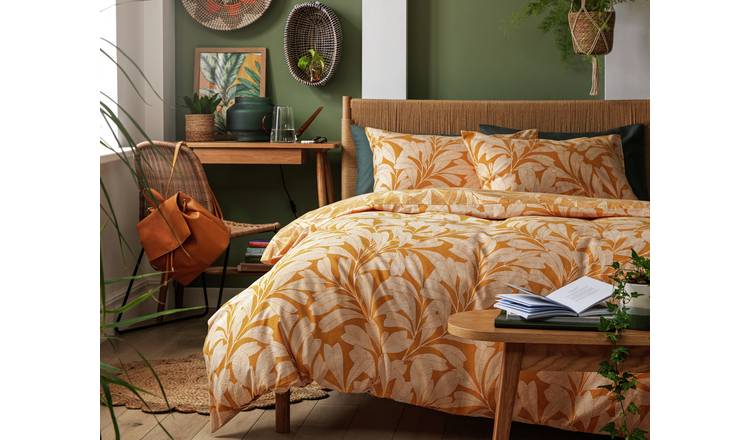 buy-habitat-cotton-linear-leaf-print-yellow-bedding-set-kingsize