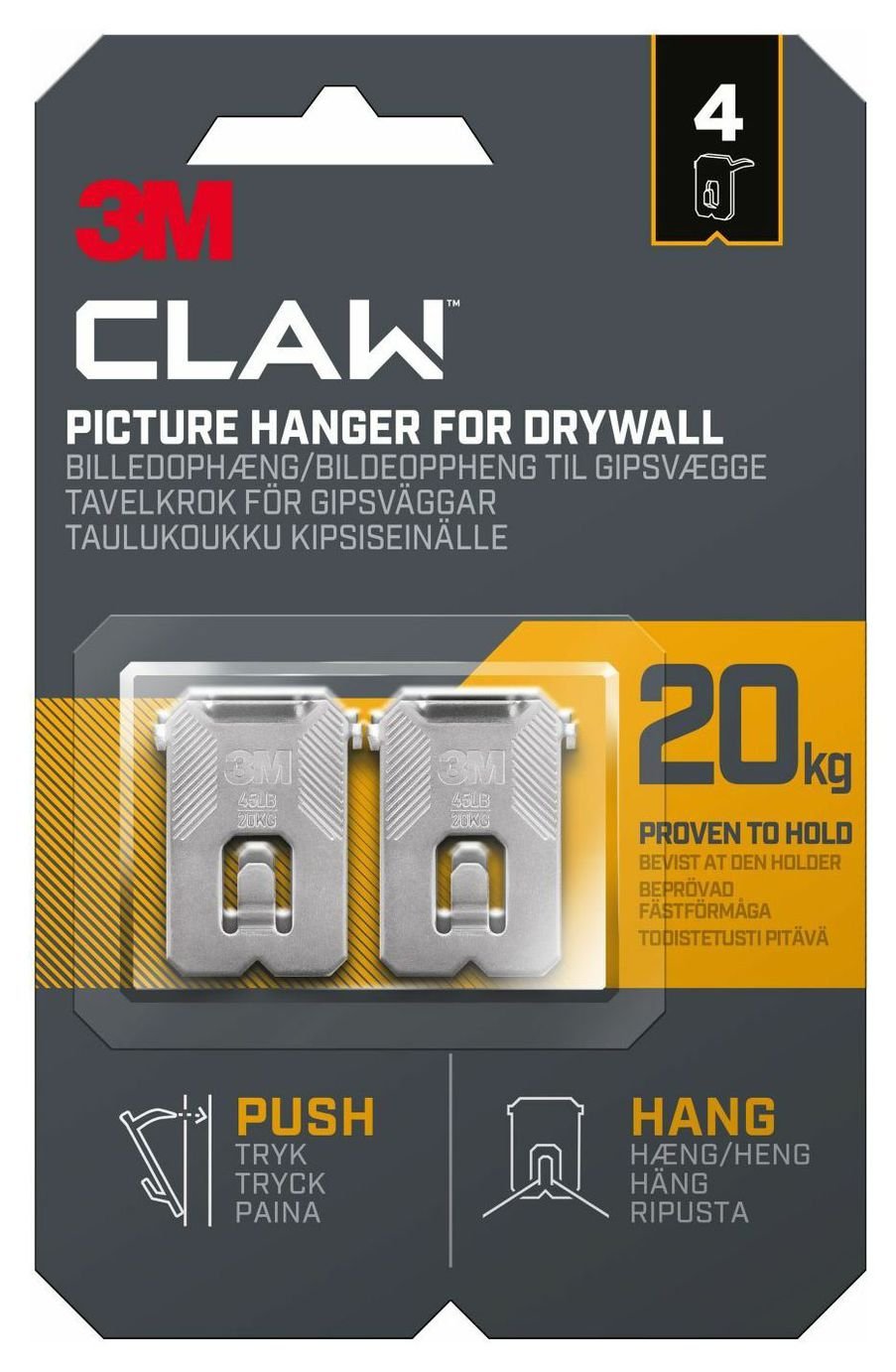 3M Claw Plasterboard Picture Hanger - 4 Pack