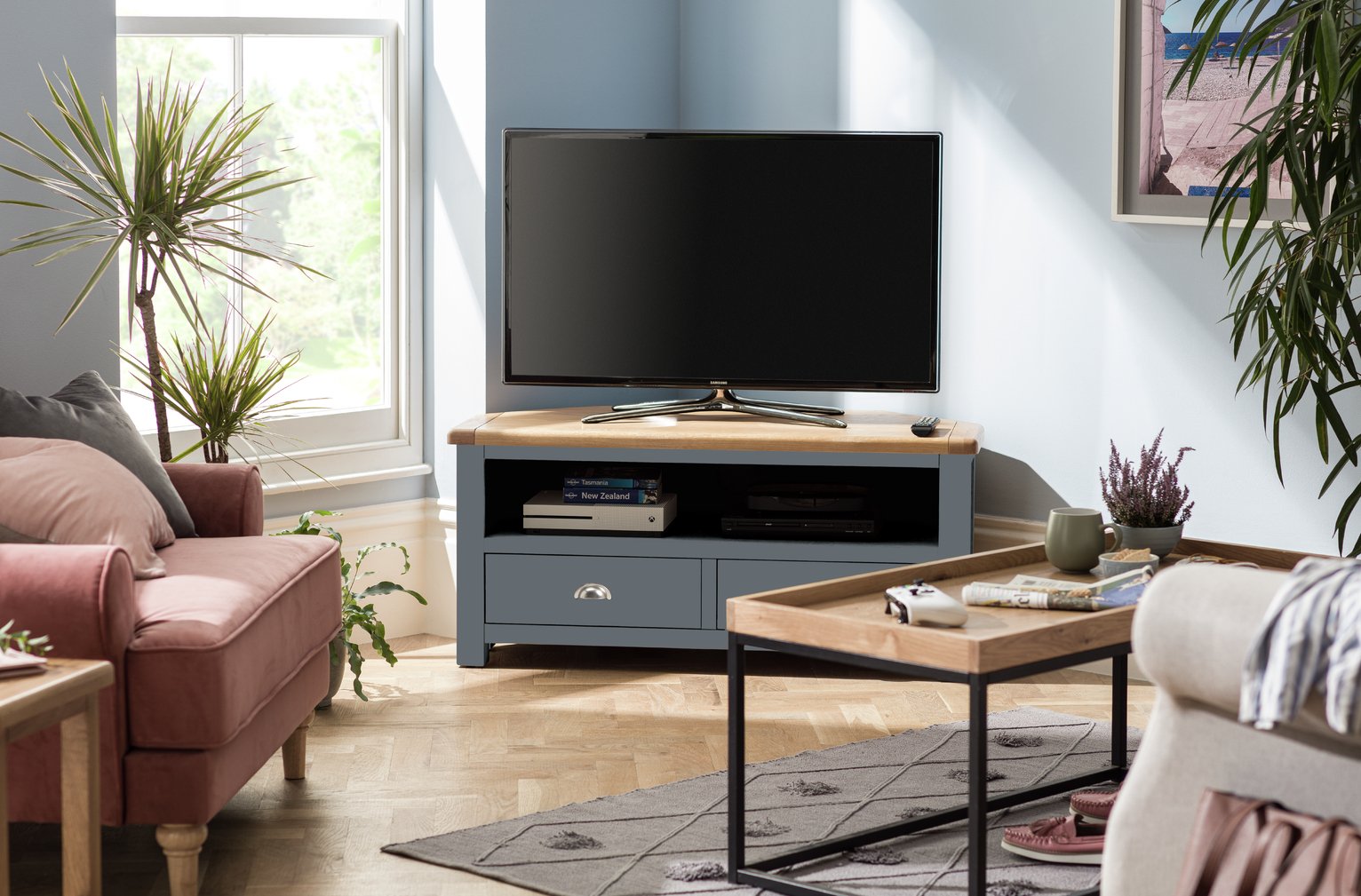 Habitat Kent 2 Drawer Corner TV Unit Grey & Oak (3379154) Argos Price Tracker pricehistory