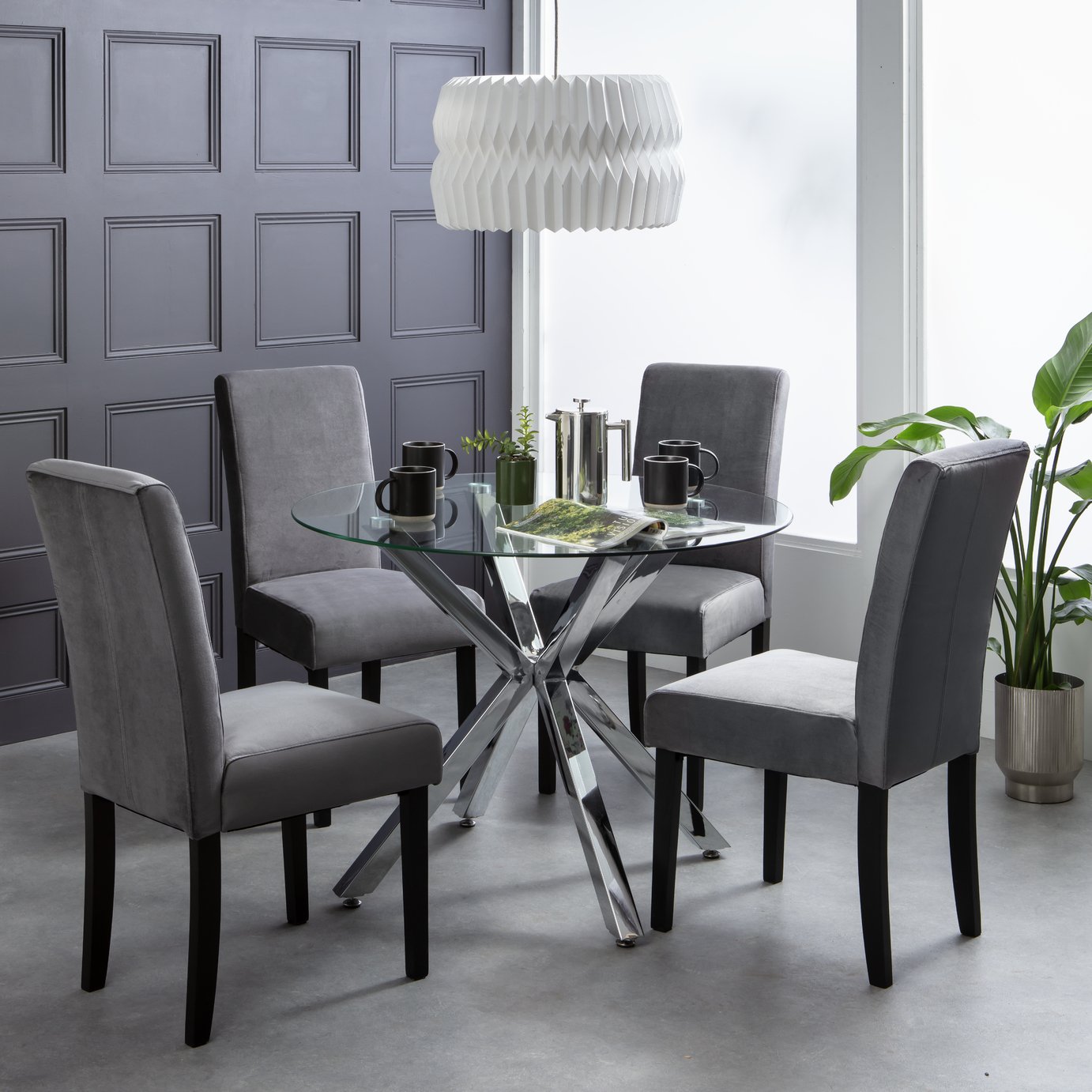 Argos Home Alice Glass and Silver Table & 4 Grey Chairs