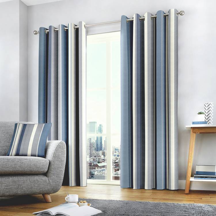 Fusion Whitworth striped Fully Lined Eyelet Curtains - Blue 0
