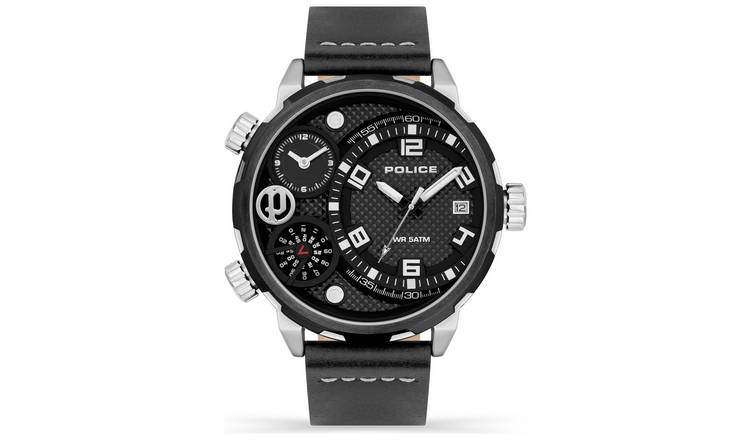 Police Ray Multi Dial Black Leather Strap Watch