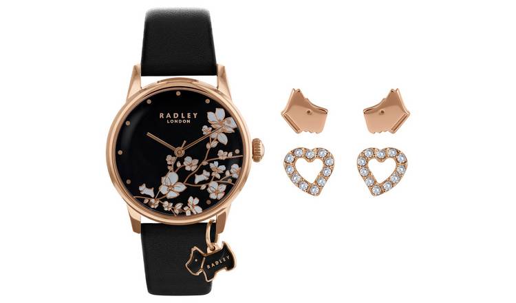 Radley Ladies Black Leather Strap Watch & Earrings Gift Set