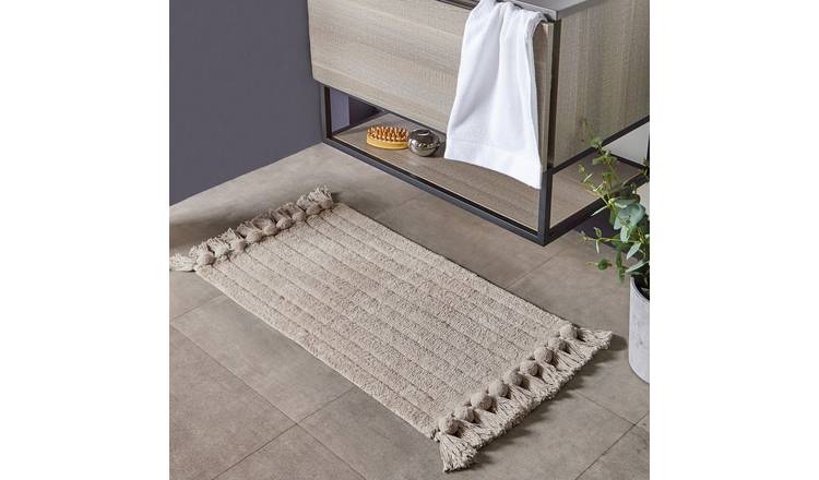 The Linen Yard Cotton Ribbed Tassel Bath Mat - Neutral