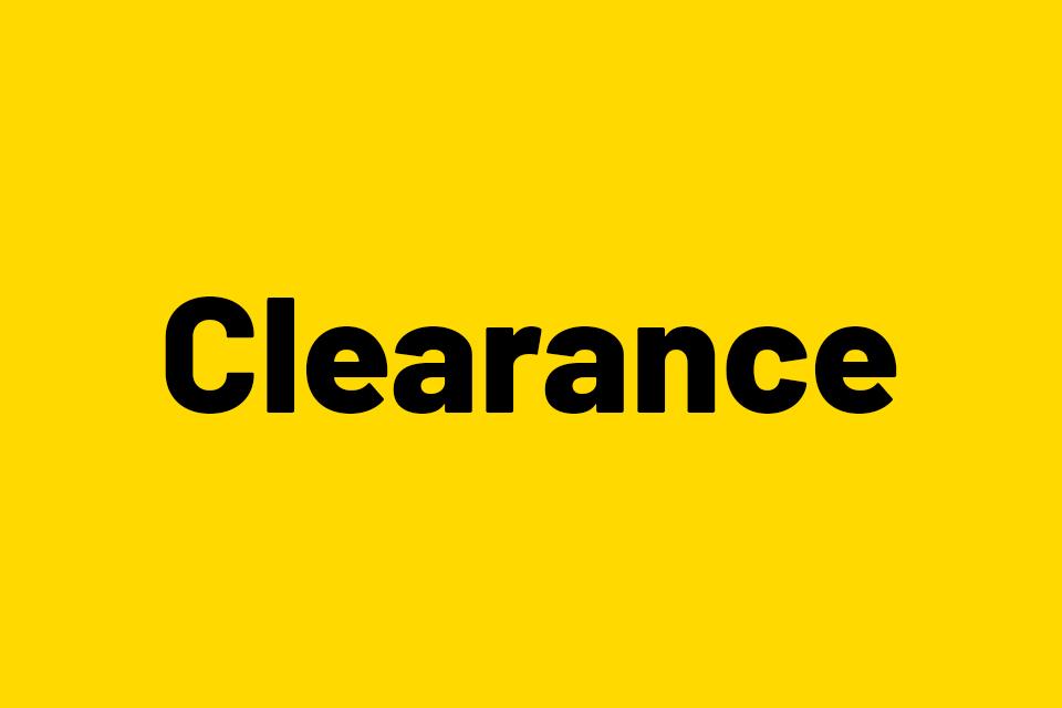 black clearance text on a solid yellow background.