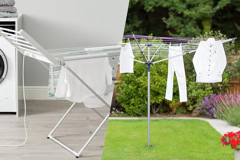 A split image. One shows a winged airer placed next to a washing machine. The other displays two clothes drying on a freestanding rotary washing line in a garden.