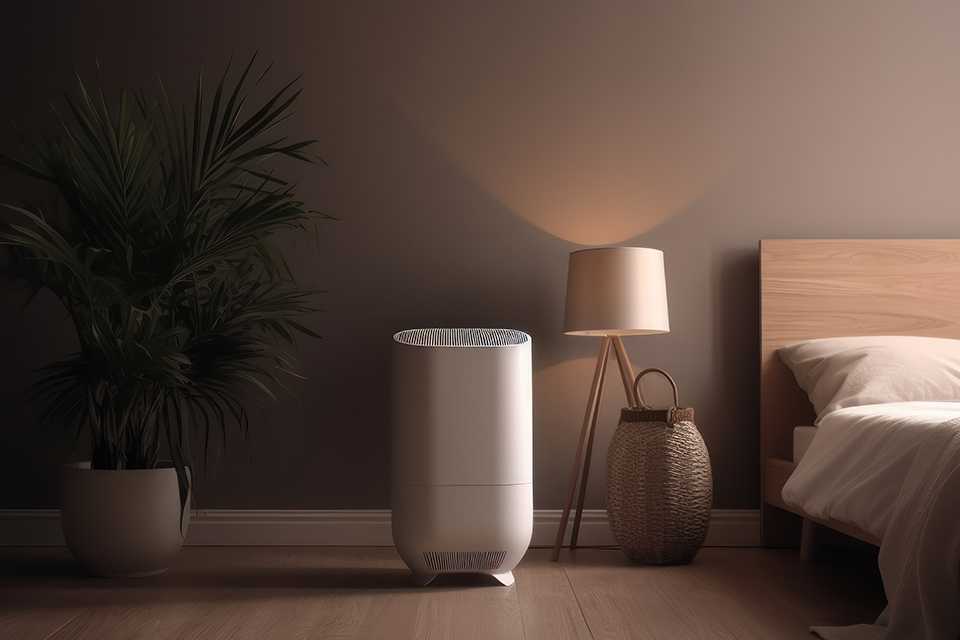 A white dehumidifier in a bedroom.