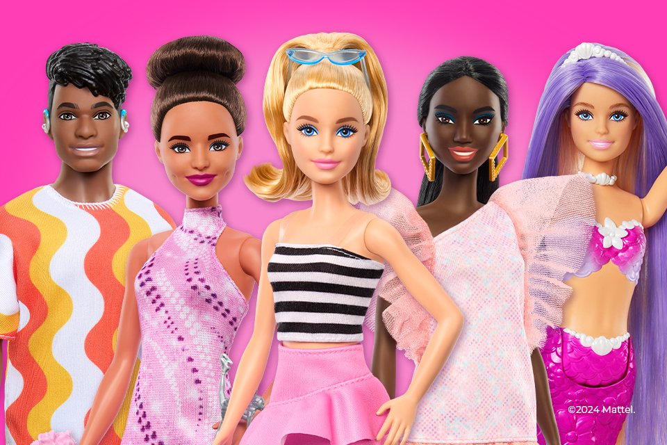 Barbie and Ken doll assortment against a pink background.