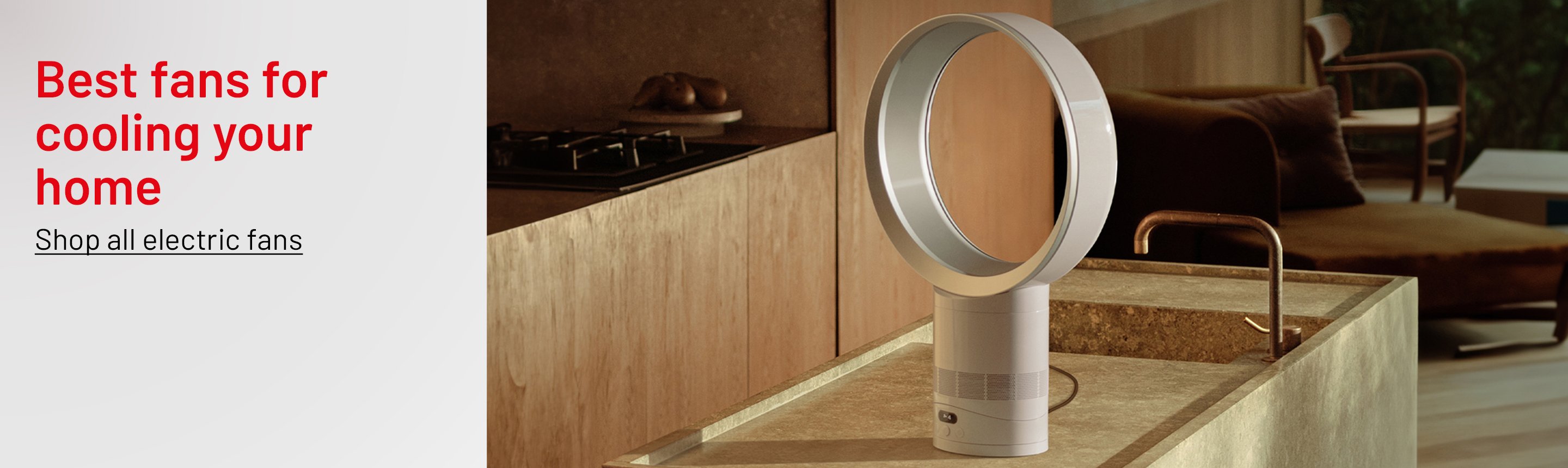 A picture collage of a Dyson Cool CF1 Desk Fan in silver, and an Argos Home Anders Wooden 3 Arm Remote Control Ceiling fan.