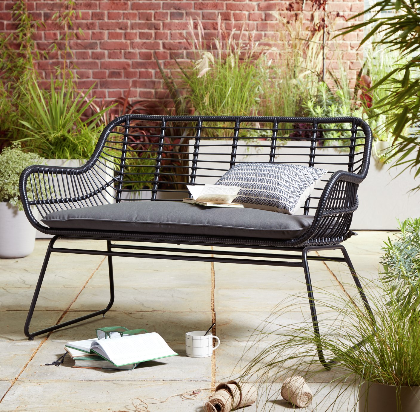 Habitat Ross Rattan Effect Garden Bench - Black