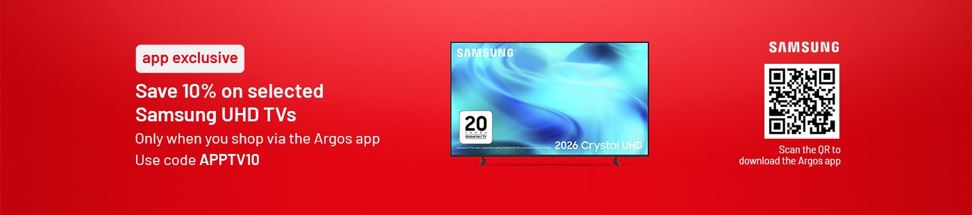 App exclusive. Save 10% on selected Samsung UHD TVs. Only when you shop via the Argos app. Use code APPTV10. Scan the QR to download the Argos app.