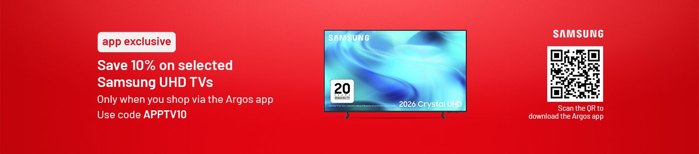 App exclusive. Save 10% on selected Samsung UHD TVs. Only when you shop via the Argos app. Use code APPTV10. Scan the QR to download the Argos app.